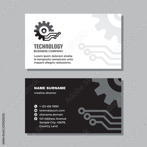 Business visit card template with logo - concept design. Gear SEO computer network branding. Vector illustration. 