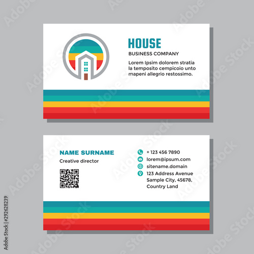 Business visit card template with logo - concept design. Real estate building house branding. Vector illustration. 