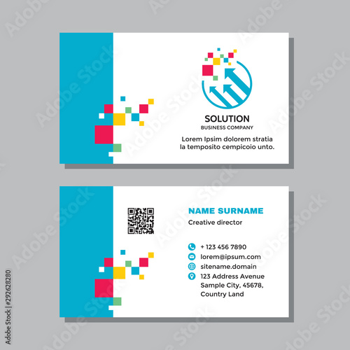 Business visit card template with logo - concept design. Arrows growth market exchange brand. Solution sign. Vector illustration. 