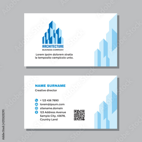 Business visit card template with logo - concept design. Architecture building sign. Real estate property management branding. Vector illustration. 