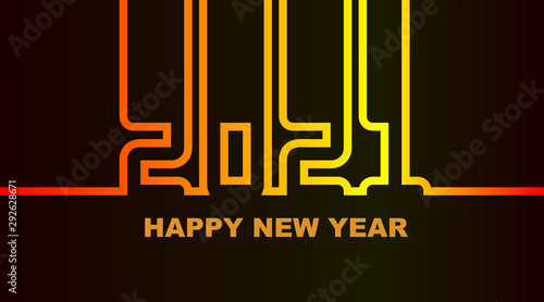 Year 2021 - simple greeting card, invitation, flyer, poster or design element - warm yellow-orange-red neon outline - vector