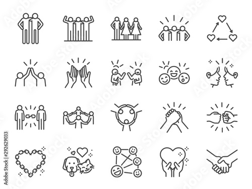 Friendship line icon set. Included icons as friend, relationship, buddy, greeting, love, care and more.