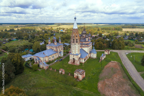 Ancient churches of Parskoye village in the September landscape (aerial photography). Ivanovo region, Russia