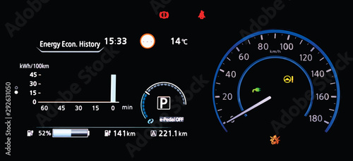 Illustration of electric car dashboard panel during charging battery. Modern digital car display showing information about energy economy history and the battery range.