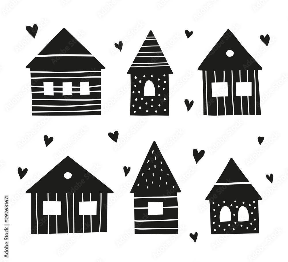 Set of black doodle houses in Scandinavian style isolated on white background.