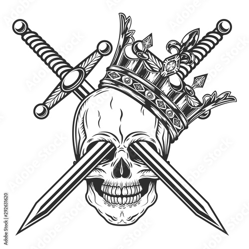 Vintage prince skull in crown with knight sword monochrome isolated vector illustration