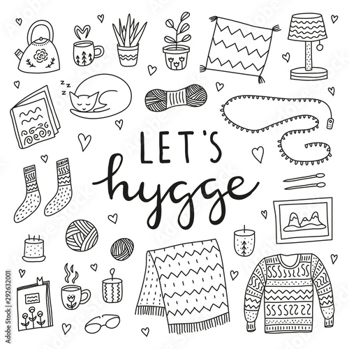 Set of doodle outline hygge icons in Scandinavian style and lettering isolated on white background. Nordic lifestyle poster.