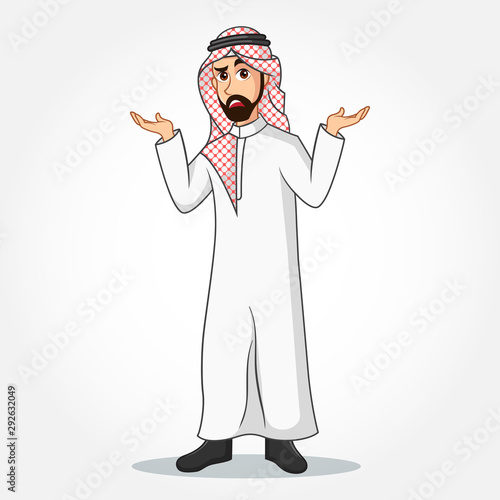 Arabic Businessman cartoon Character in traditional clothes with Confused gesturing isolated on white background