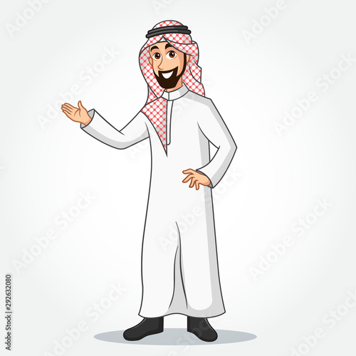 Arabic Businessman cartoon Character in traditional clothes with Welcoming Hands isolated on white background