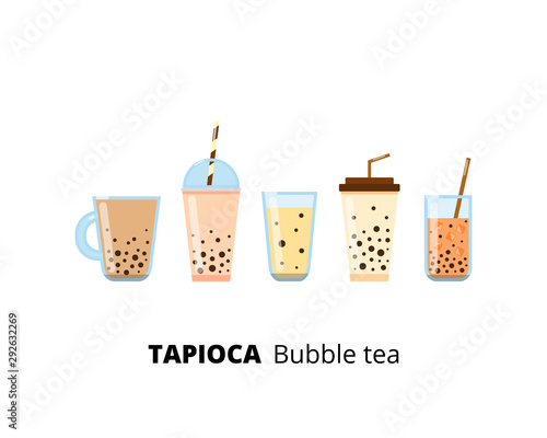 Group of flat tapioca bubble tea in glass and plastic bottles isolated on white background.