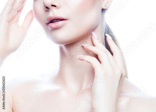 Lips, hands, partial beauty face of model woman with healthy perfext skin, nude natural makeup. Skincare facial treatment concept photo