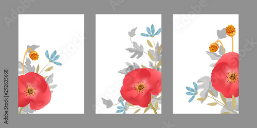 Floral templates with red poppies, blue flowers.