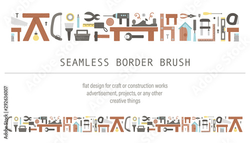 Vector tools seamless border brush. Flat colored illustration with building, carpenter equipment for card, poster or flyer design. Woodwork, repair service or craft workshop repeating background.