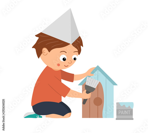 Vector working boy. Flat funny sitting kid character painting a nestling box. Craft lesson illustration. Concept of a child learning how to work. Picture for workshop or masterclass advertisement.