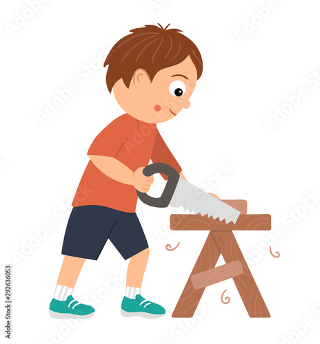 Vector working boy. Flat funny kid character sawing wood with a saw on work bench. Craft lesson illustration. Concept of a child learning how to work with tools. 