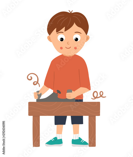 Vector working boy. Flat funny kid character working wood with plane. Craft lesson illustration. Concept of a child learning how to work with tools. Picture for workshop or masterclass advertisement.