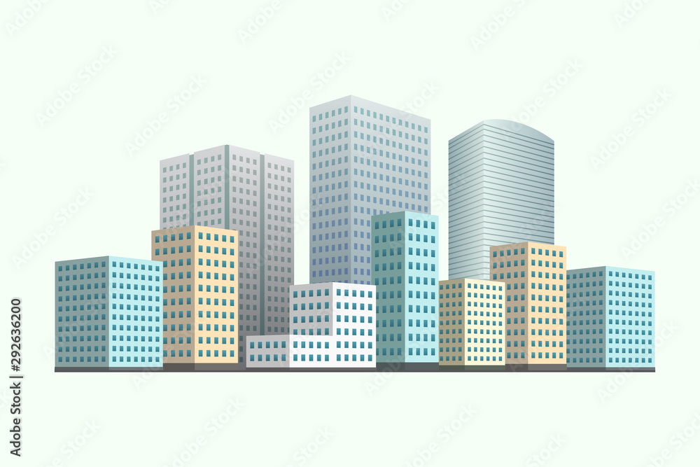 City district with multistory buildings. Vector illustration.