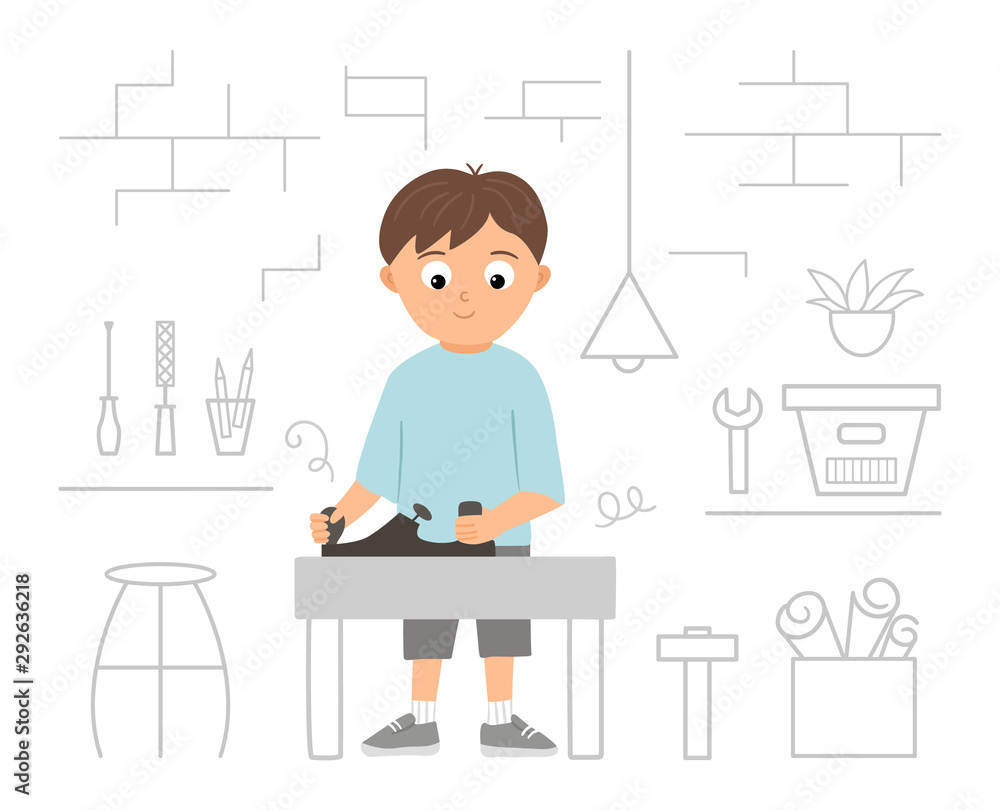Vector working boy. Flat funny kid character working wood with plane on workshop background. Craft lesson illustration. Concept of a child learning how to work with tools. Vector working boy. Flat funny kid character working wood with plane on workshop background. Craft lesson illustration. Concept of a child learning how to work with tools.