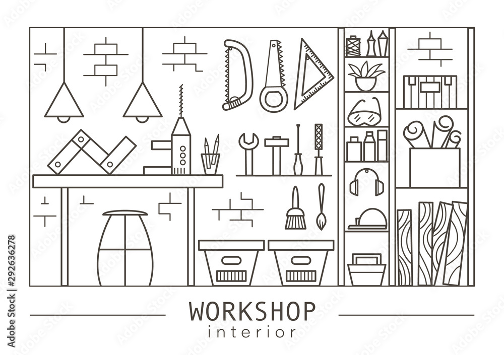 Vector linear art workshop interior. Black and white line drawing of