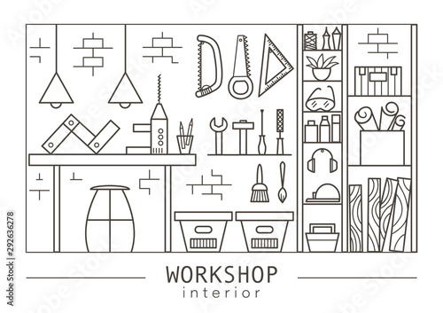 Vector linear art workshop interior. Black and white line drawing of different tools and equipment with work bench, cabinet, shelves, boxes. Carpenter, worker or joiner shop illustration..