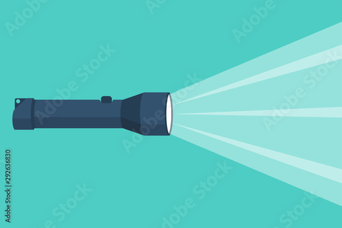 Flashlight flat icon with a bright beam. Electric lamp battery powered. Pocket flashlight. Light source. Vector illustration flat design. Isolated on white background.