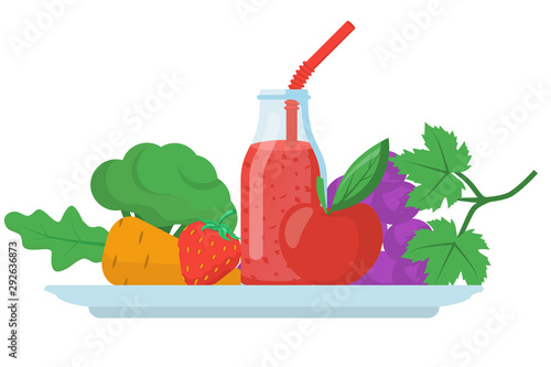 Healthy food concept. Tray of fresh vegetables, fruit and juice, symbol of healthy diet. Veggie food, eat vitamins. Vector illustration flat design. Isolated on background. Strawberry organic shake.