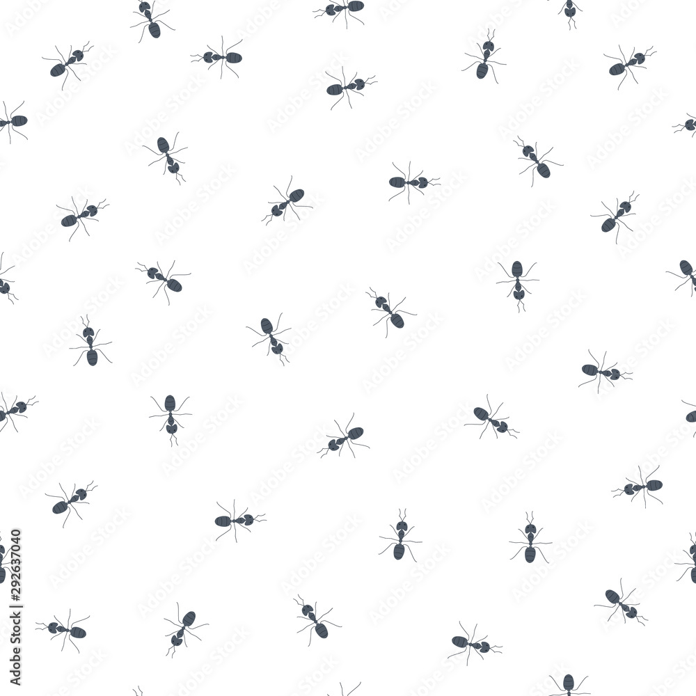 Chaotic running little black ants. Seamless pattern on white background. Crawling insects backdrop. Teamwork concept.  Vector cartoon illustration.