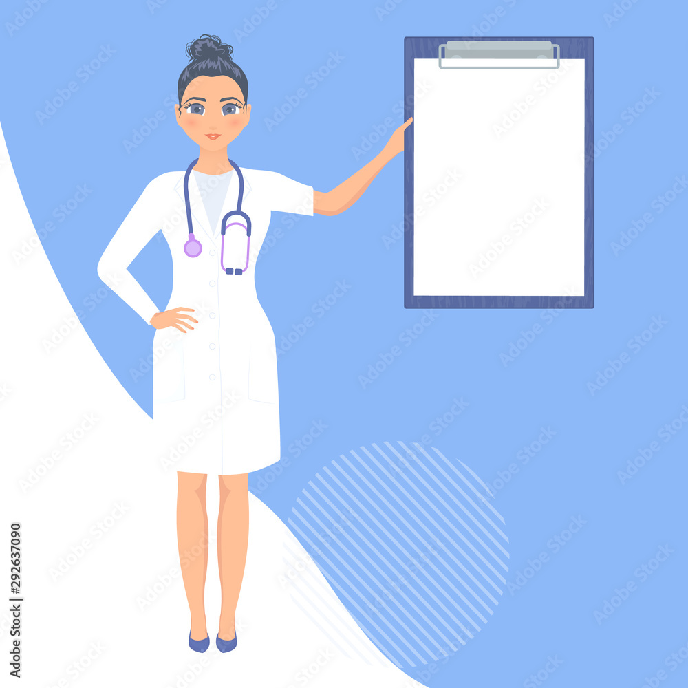 Smiling woman doctor holding a clipboard with blank paper. Empty sheet for treatment advice, insurance application. Medical consultation service. Health care concept. Flat style cartoon vector poster. Smiling woman doctor holding a clipboard with blank paper. Empty sheet for treatment advice, insurance application. Medical consultation service. Health care concept. Flat style cartoon vector poster.
