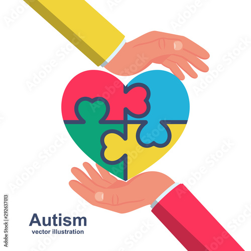 World Autism Day. utism awareness. Puzzle or mosaic in the form of a heart. Vector illustration flat design. Isolated on white background. concept. Concept medical support.