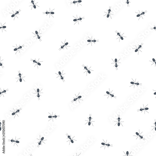 Chaotic running little black ants. Seamless pattern on white background. Crawling insects backdrop. Teamwork concept.  Vector cartoon illustration. © art4stock