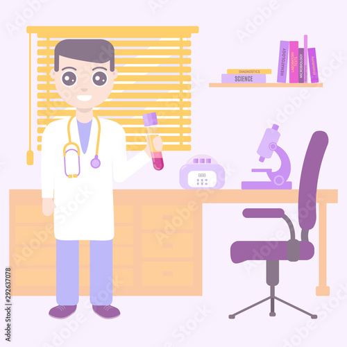 Male doctor holding a blood test tube in the medical laboratory. Scientist working in the office with prp lab tools and microscope. Workspace interior vector. Regenerative medicine research concept.