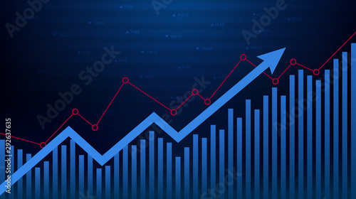 Abstract financial graph with up trend line and arrow in stock market on blue color background