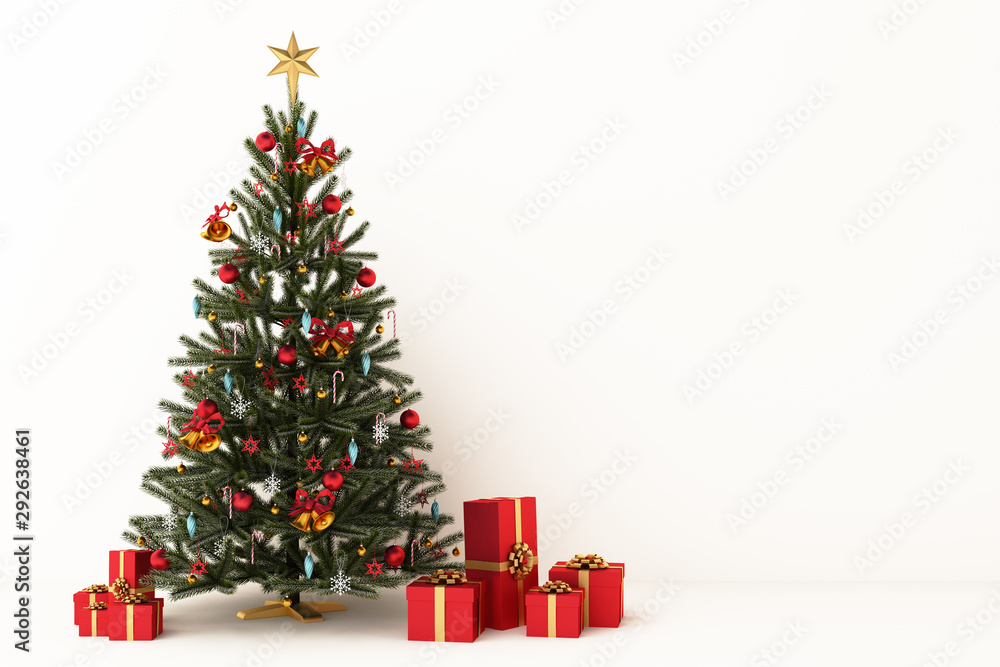 Christmas tree with decorations and gift boxes. 3d rendering