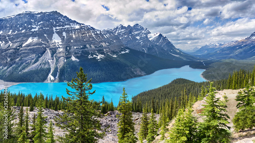 beautiful pines and turquoise water of a mountain Peyto lake against the backdrop of majestic mountains, Banff National Park, Alberta, Canada photo
