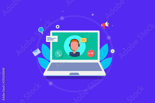 Video call, customer support, customer help, helpline operator, video chat assistant concept. Flat design vector banner.
