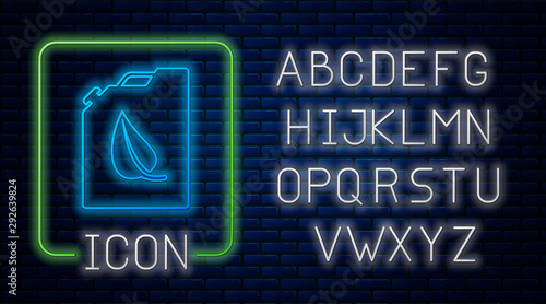 Glowing neon Bio fuel canister icon isolated on brick wall background. Eco bio and barrel. Green environment and recycle. Neon light alphabet. Vector Illustration