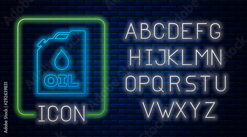 Glowing neon Plastic canister for motor machine oil icon isolated on brick wall background. Oil gallon. Oil change service and repair. Engine oil sign. Neon light alphabet. Vector Illustration