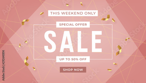 Fashion sale banner design background with gold ribbon promo offer text. Abstract banner template design on pink background.