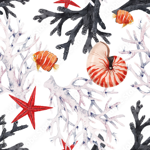Watercolor sea life vector pattern