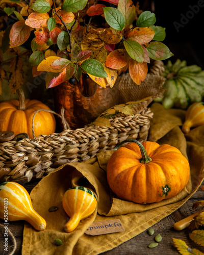beautiful autumn dark still life photography with assorted colorful small pumpkins on rustic wooden table in wicker straw basket  vase with fall leaves bouquet and orange napkin