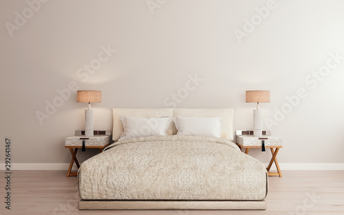 Horizontal mock up poster frame in modern interior background, luxury bed with clean bedding in modern bedroom, Scandinavian style, 3D render, 3D illustration