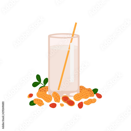 Peanut milk in a glass on a white background. Walnut shell. Vector illustration in freehand drawn style.