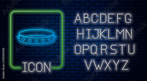 Glowing neon Leather fetish collar with metal spikes on surface icon isolated on brick wall background. Fetish accessory. Sex toy for men and woman. Neon light alphabet. Vector Illustration
