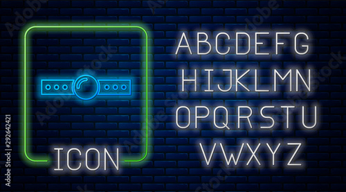 Glowing neon Silicone ball gag with a leather belt icon isolated on brick wall background. Fetish accessory. Sex toy for men and woman. Neon light alphabet. Vector Illustration