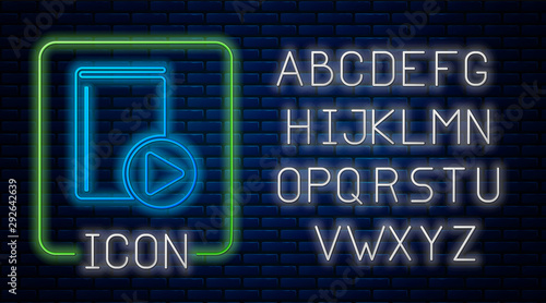 Glowing neon Audio book icon isolated on brick wall background. Play button and book. Audio guide sign. Online learning concept. Neon light alphabet. Vector Illustration