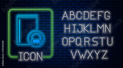 Glowing neon Audio book icon isolated on brick wall background. Book with headphones. Audio guide sign. Online learning concept. Neon light alphabet. Vector Illustration