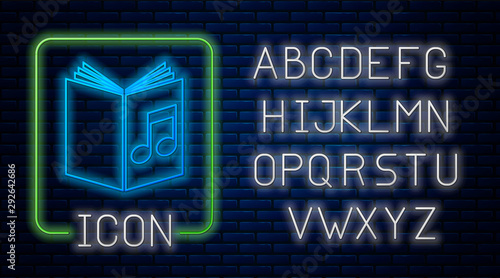 Glowing neon Audio book icon isolated on brick wall background. Musical note with book. Audio guide sign. Online learning concept. Neon light alphabet. Vector Illustration