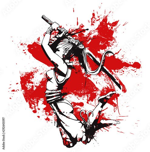 Girl samurai in a decisive jump