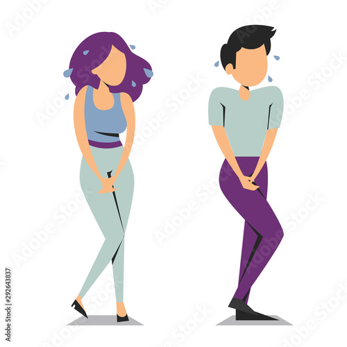 Woman and man standing and want to pee