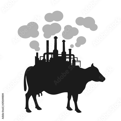 Cow with factory on the back as metaphor of cow fart. Animal is producing greenhouse gas and methane. Cattle and livestock as environmental and ecological problem. Vector illustration.